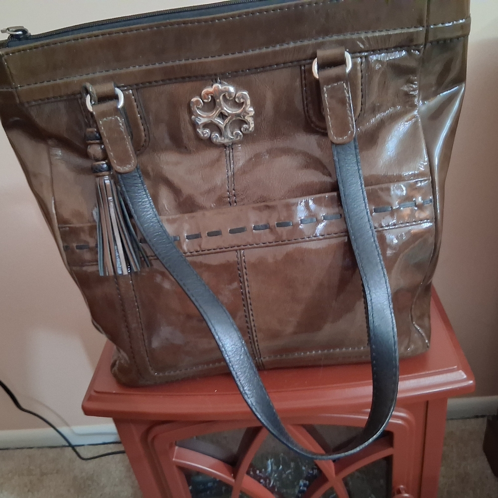 Vintage Brighton Shiny Brown Tote with Silver Accents - Picture 4 of 13